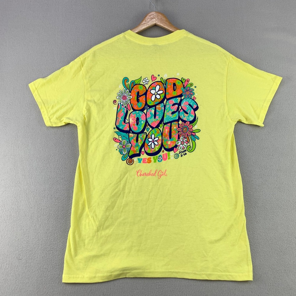 Cherished Girl God Loves You T-Shirt Womens Medium Yellow Christian Graphic Tee